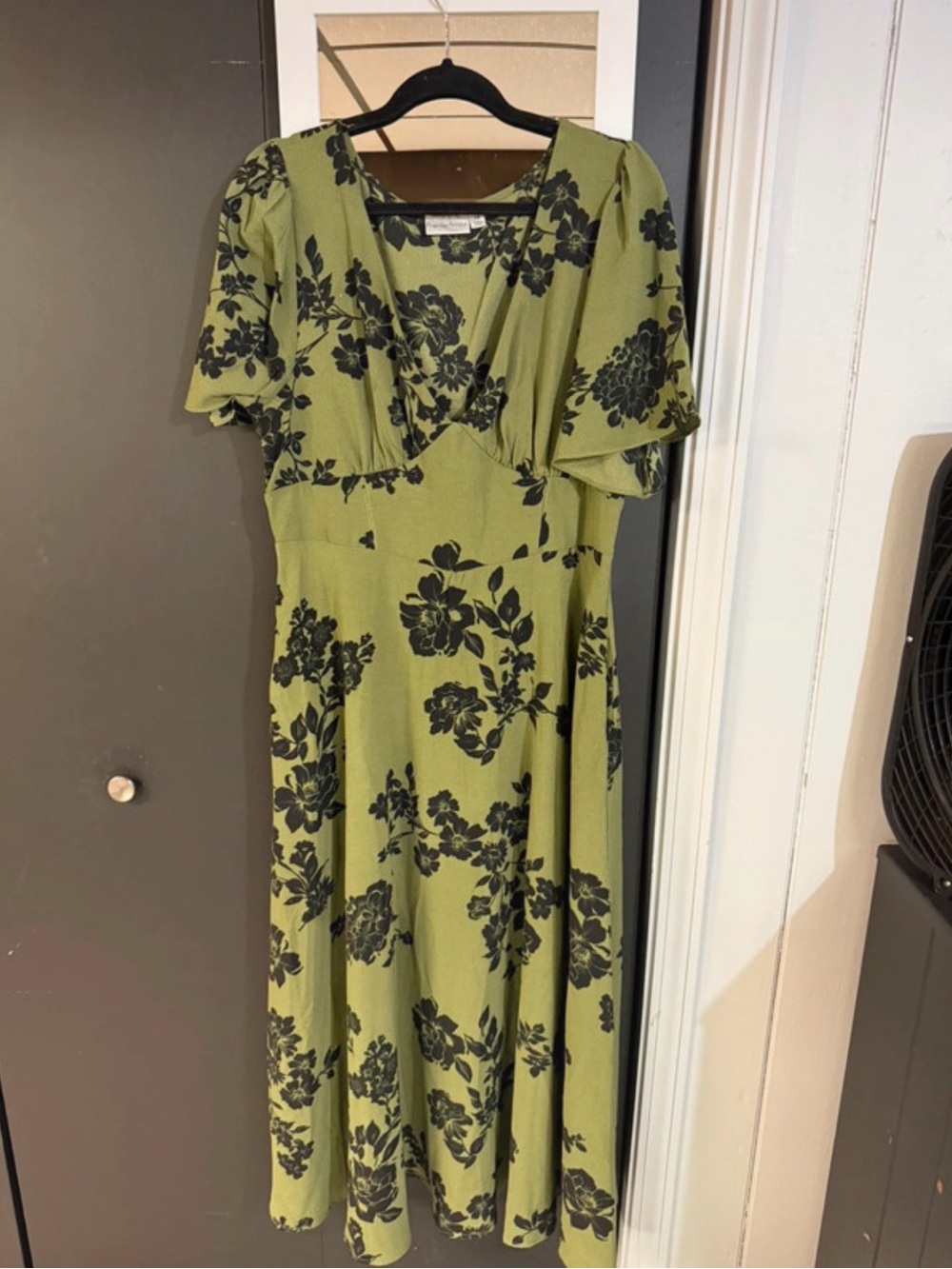 Olive Green Floral Midi Dress with Black Print